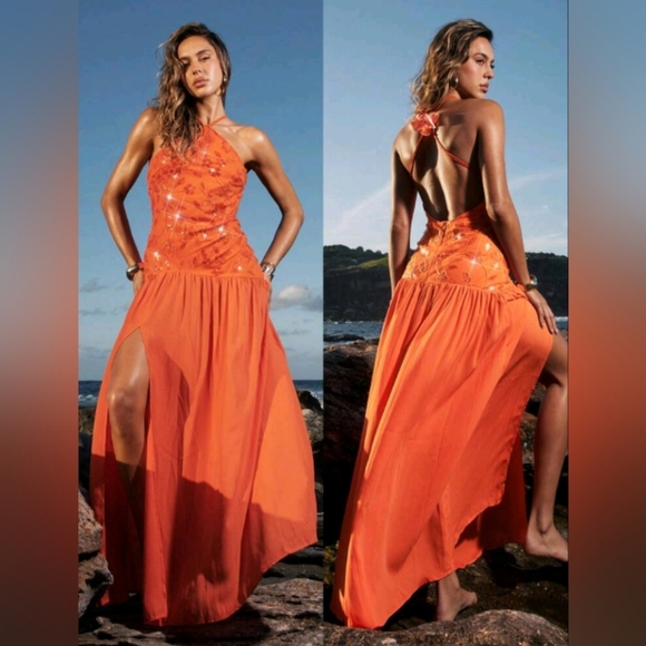 Women Sleeveless Floral Sequin Side Slit Dress - Picture 1 of 5